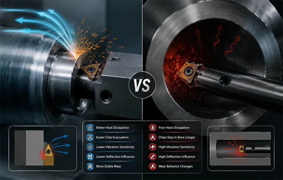 Insert tool in a deep-hole boring showing thermal buildup, vibration, and chip flow interactions Insert tool in a deep-hole boring showing thermal buildup, vibration, and chip flow interactions